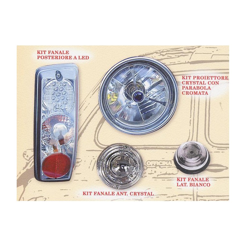 KIT FANALERIA COMPLETO (FARI,FAN. Posteriore FAN. LAT E ANT.) Fiat 500 F - L - R dal 1965 al 1975 KIT FANALERIA COMPLETO (FARI,FAN. Posteriore FAN. LAT E ANT.) Fiat 500 F - L - R dal 1965 al 1975