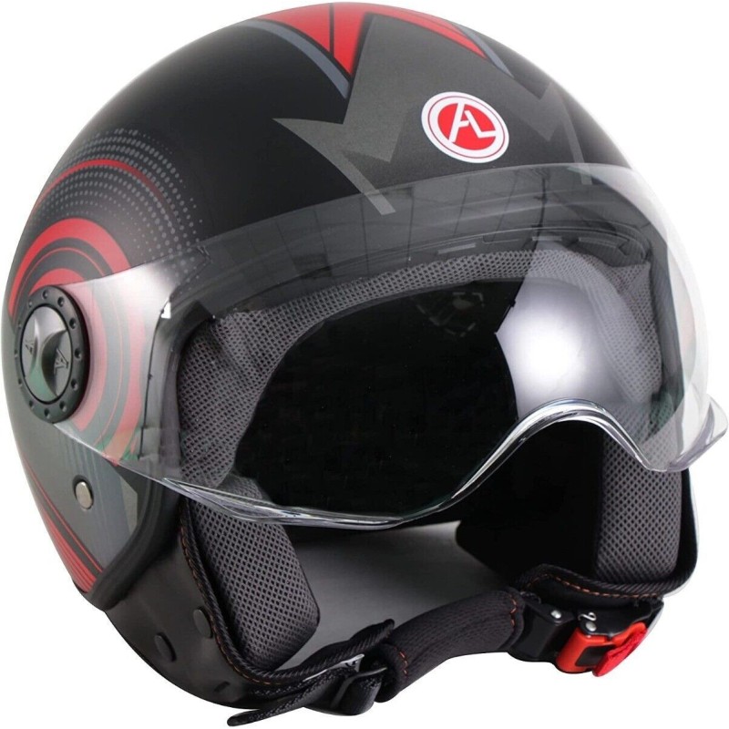 Casco Jet Nero e Rosso Con Visiera Elicotterista per Moto e Scooter AL DESIGN 1