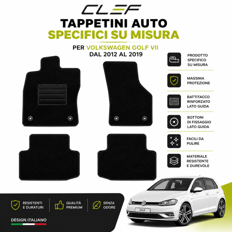 SET 4 PEZZI TAPPETINI AUTO SU MISURA PER VW GOLF VII DAL 2012 AL 2019