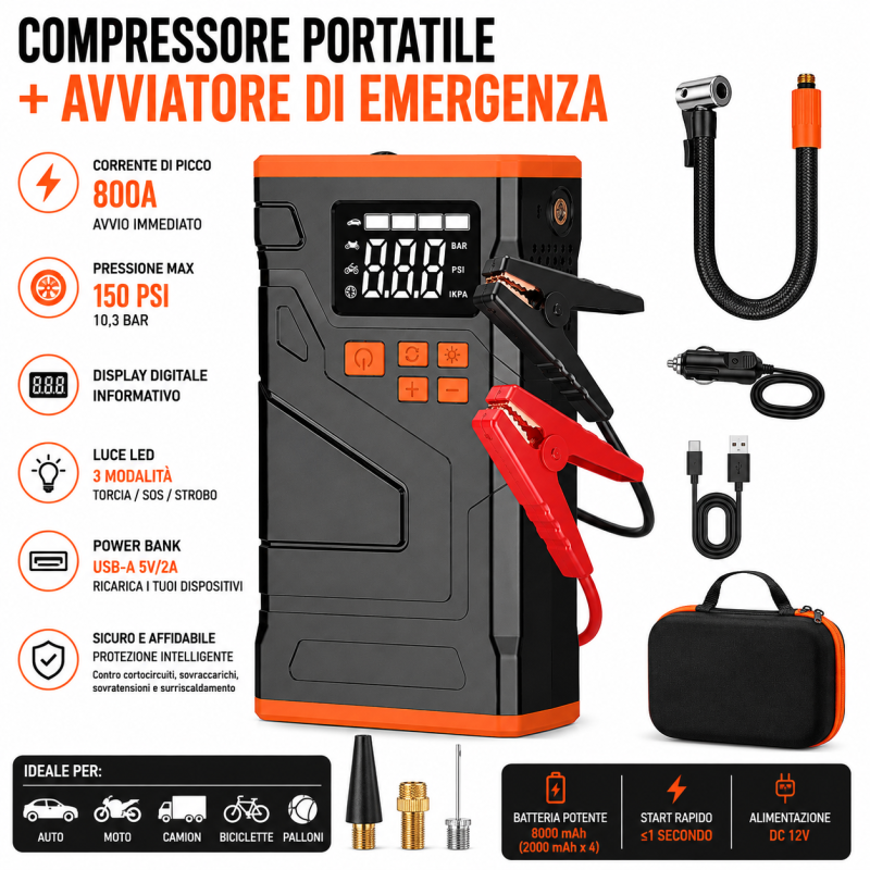 Avviatore Emergenza 4 IN 1 Compressore Auto Moto Camion 800A 150PSI 1