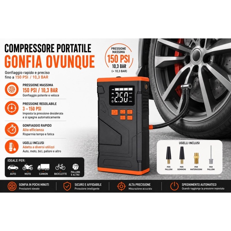 Avviatore Emergenza 4 IN 1 Compressore Auto Moto Camion 800A 150PSI 4