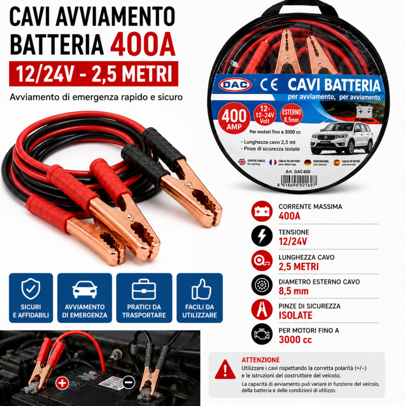 Cavi Avviamento Batteria 200A 2,5 Metri 12/24V Auto Motori 1800cc Cavi Avviamento Batteria 200A 2,5 Metri 12/24V Auto Motori 1800cc 1