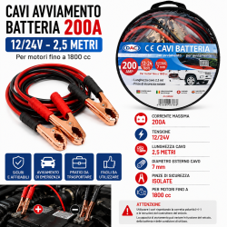 Cavi Avviamento Batteria 400A 2 Metri Auto Moto Fino a 3000cc