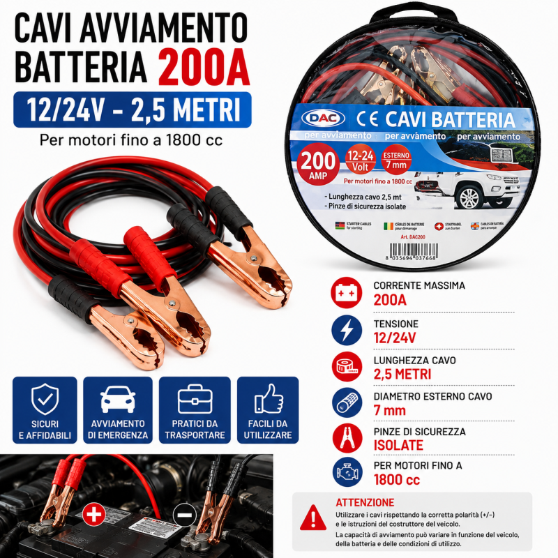 Cavi Avviamento Batteria 400A 2 Metri Auto Moto Fino a 3000cc 1