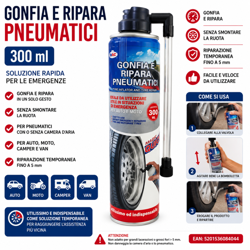 Gonfia e Ripara Pneumatici 300 ml per Auto, Moto, Camper e Van 1