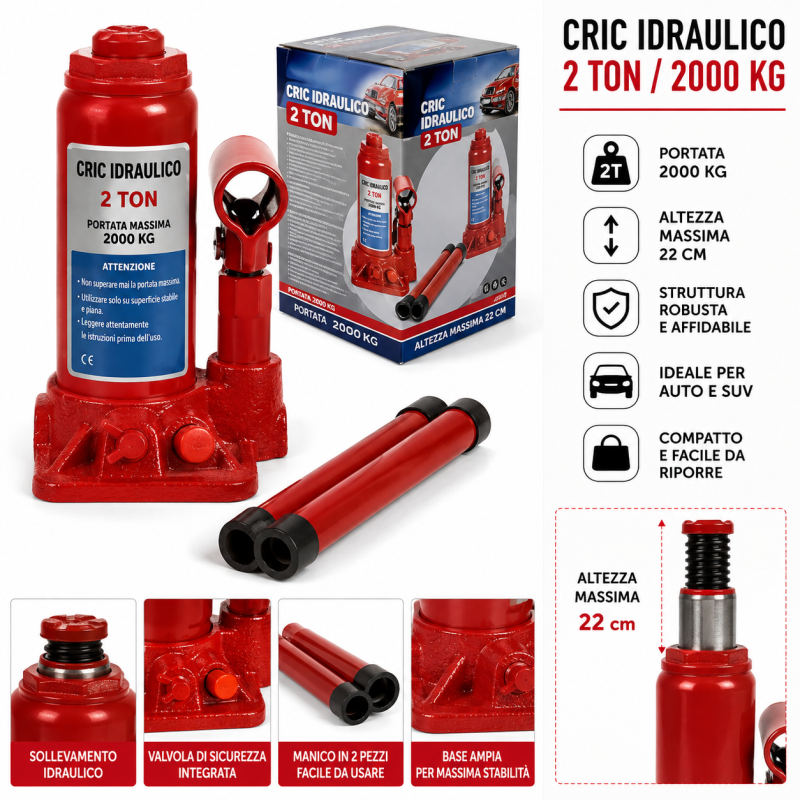 Cric Idraulico 2T 2000 Kg Altezza Massima 22 cm Sollevatore Auto