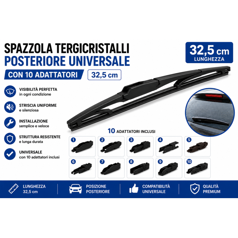 Spazzola Tergicristalli Posteriore 32,5cm Universale 10 Adattatori