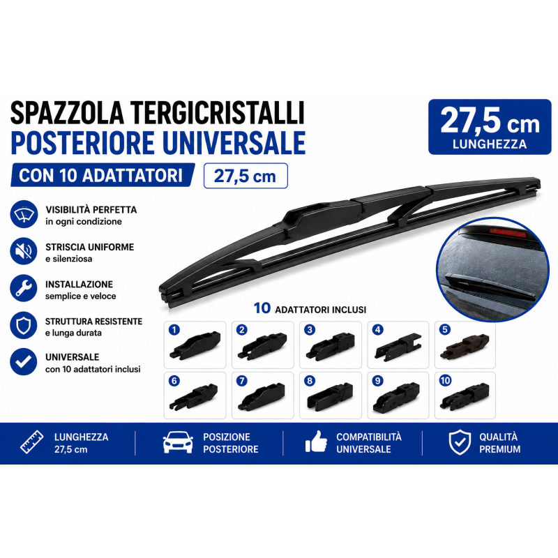 Spazzola Tergicristalli Posteriore 27,5cm Universale 10 Adattatori