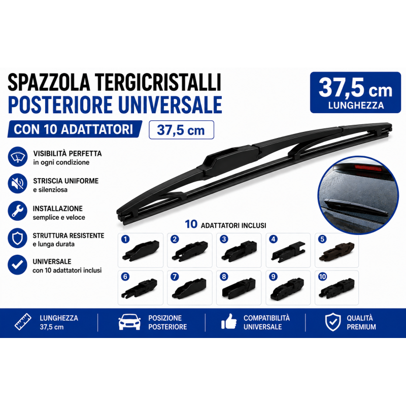 Spazzola Tergicristalli Posteriore 37,5cm Universale 10 Adattatori Spazzola Tergicristalli Posteriore 37,5cm Universale 10 Adattatori
