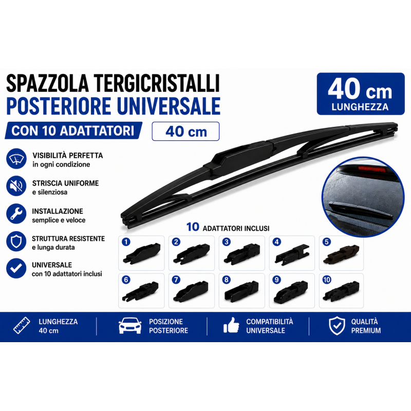 Spazzola Tergicristalli Posteriore 40cm Universale 10 Adattatori