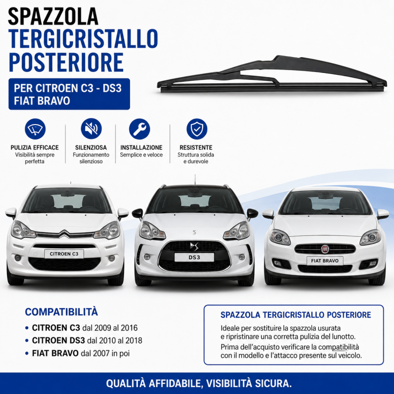 Spazzola Tergicristallo Posteriore per Citroen C3 DS3 Fiat Bravo