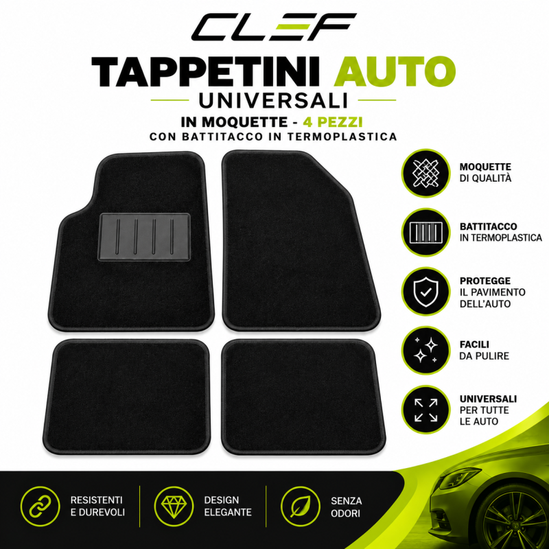 Tappetini Auto Universali 4 Pezzi in Moquette Neri Antiscivolo 1